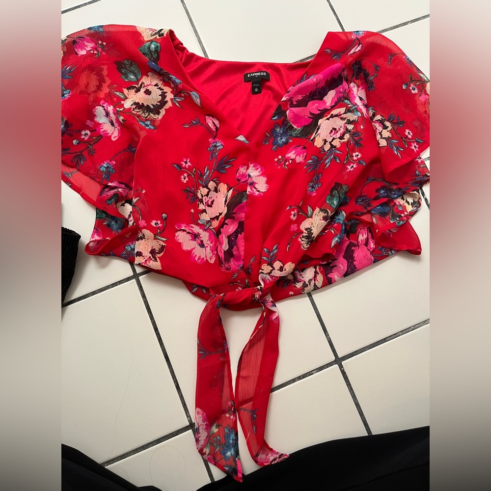 Express Red Floral Tie-Front Blouse